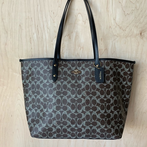 COACH BROWN SIGNATURE COATED CANVAS TOTE F54273 - Picture 1 of 13